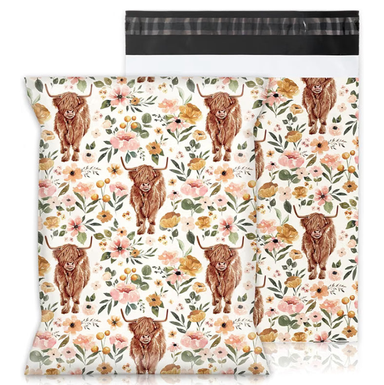 Highland Cow Floral Poly Mailers – 10×13
