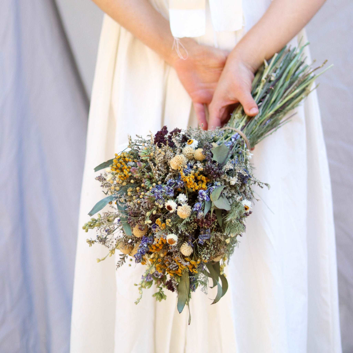 Dried Flower Bouquet – Blue Larkspur, Yarrow, Daisies & Eucalyptus – Rustic Farm-Grown California Wedding & Home Décor Arrangement