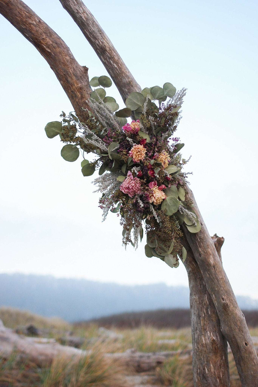 Boho Eucalyptus and Peony Wedding Arch Arrangement