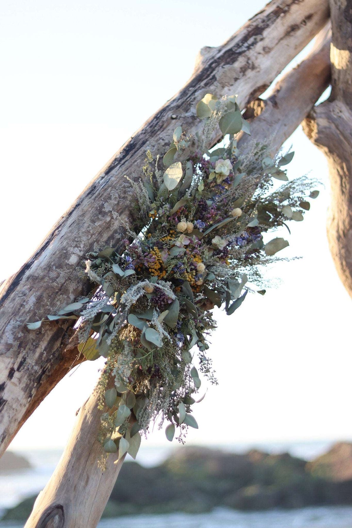 Boho Eucalyptus and Tansy Wedding Arch Arrangement