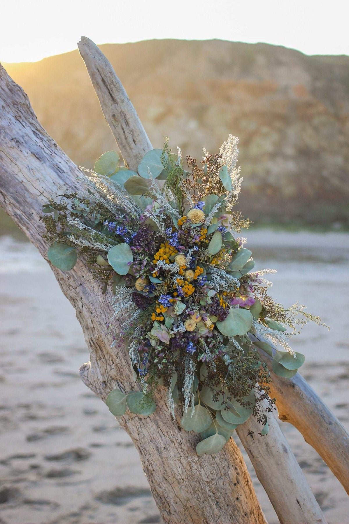 Boho Eucalyptus and Tansy Wedding Arch Arrangement