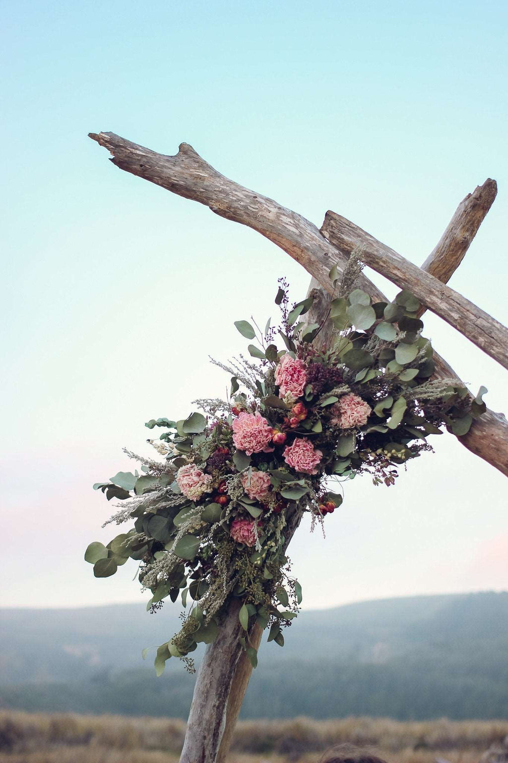 Boho Eucalyptus and Peony Wedding Arch Arrangement