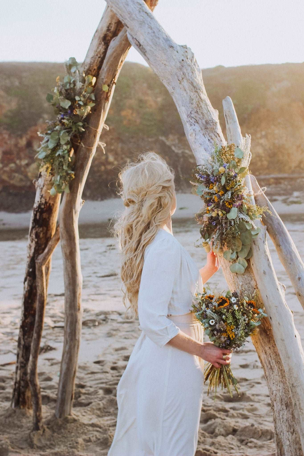 Boho Eucalyptus and Tansy Wedding Arch Arrangement