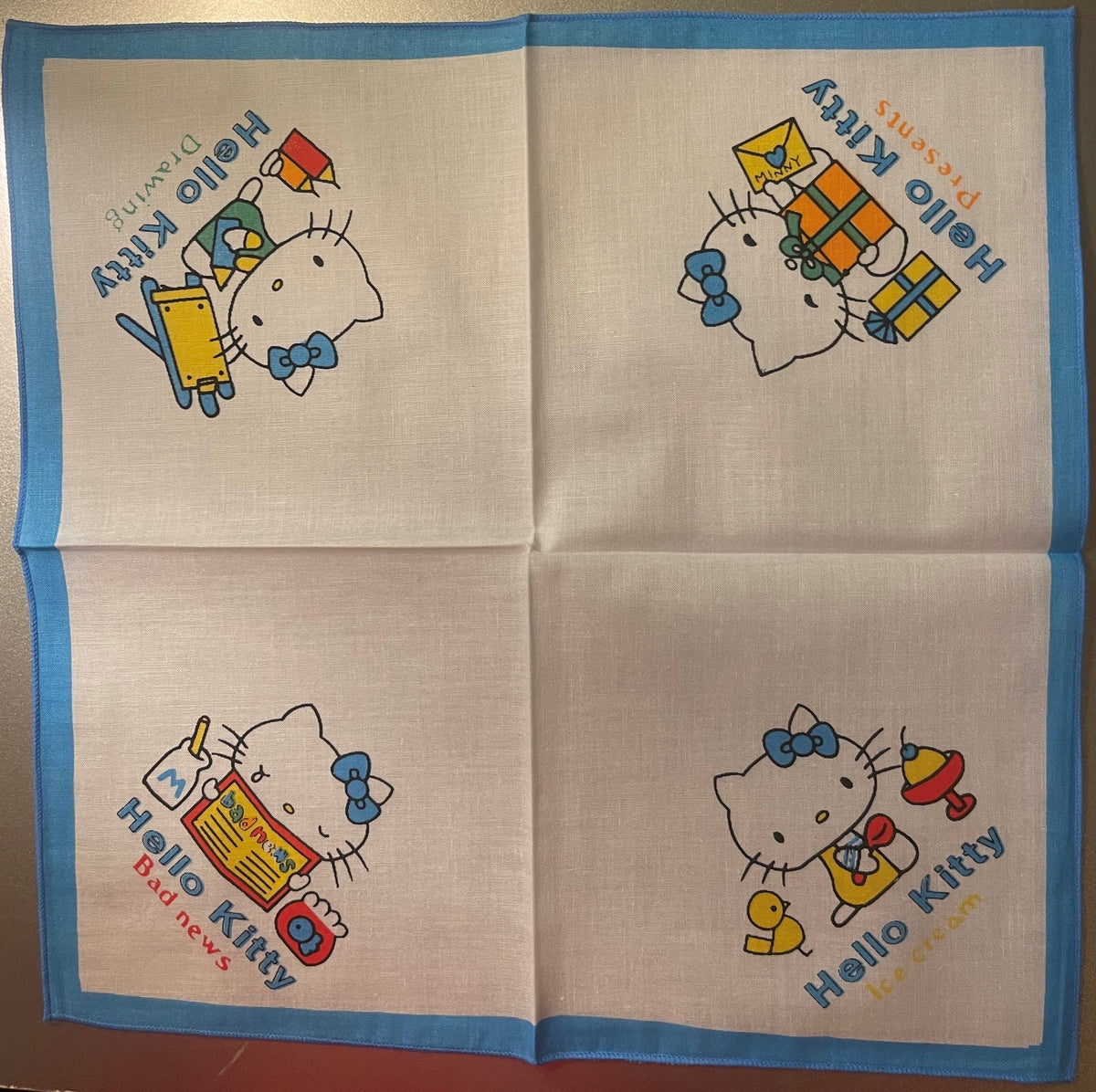 Vintage 1980s Hello Kitty Cotton Napkin Set 🎀 Pink Blue Yellow Sanrio NOS