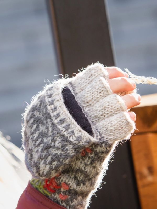 Sadie Hand Knit Wool Convertible Mittens - Embroidered